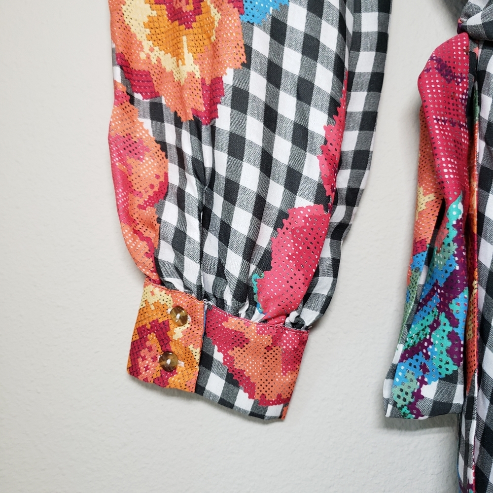 ❗SOLD❗Farm Rio | Gingham Floral Long Sleeve Collared Wrap Dress - Picture 13 of 16